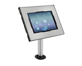 Vogels PTA 3102 bordstander i børstet aluminium med en monteret tablet, vist på en hvid baggrund.
