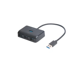 Oversigtsbillede af Deltaco USB-A hub i sort plast, forbundet til en computer via dens USB-A kabel, med 4 porte synlige.