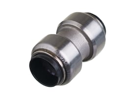 Roth samlemuffe i rustfrit stål til 15 mm rør, med indstiksfittings og sorte tætningsringe.