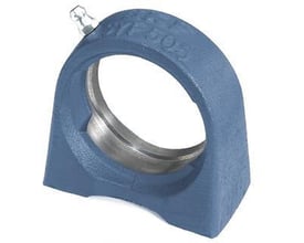 SKF lejehus SYF 509 i blå farve, viser den robuste støbejernskonstruktion med en smørenipler og mærkning.