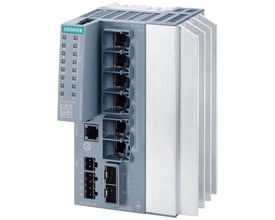 Siemens SCALANCE XC206-2G PoE switch med seks 10/100/1000 Mbps RJ45 PoE-porte og to SFP+ porte på hvid baggrund.