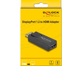 DeLock DisplayPort 1.2 til HDMI-adapter i sort, vist på gul emballage med markering af passiv 4K-understøttelse.