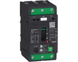 Schneider Electric TeSys GV4 motorværn GV4PEM115S med 115A mærkestrøm og 100kA brydeevne, monteret på DIN-skinne med grønne terminaler og sort afbryder.