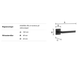 Teknisk tegning af Smedbo Cube toiletpapirholder i sort børstet stål, med mål A: 160mm, B: 48mm, C: 65mm og monteringsanvisning.
