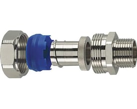 HellermannTyton forskruning FM F/Ø40-FMC-M40, IP65 metalkonnektor med udvendigt gevind og blå plastdetaljer.