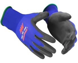Activewear montagehandske 1280 i blå og sort, str. 12, vist med den mørke belægning på håndfladerne.