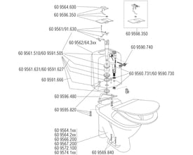 Eksploderet tegning af et Gustavsberg toilet med varenumre og pile, der viser placeringen af dele.
