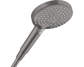 Hansgrohe Raindance Select S 120 håndbruser i børstet sort krom med 120mm hoveddiameter og synlig Select-knap.