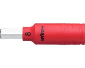 Wiha ¼” 1000 V isoleret top med rød isolering og synlig 8 mm sekskantet metalende.