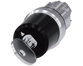Siemens nøgleafbryder i metal med rund front og nøgle i låsen, 22mm, med overvågning og sølvfarvet kant.