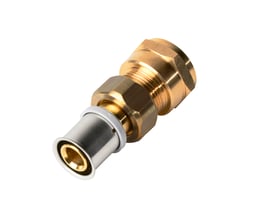 Roth union med muffe til 16 mm rør og ½" gevind, fremstillet af messing med en pressfitting til aluminiumsrør.