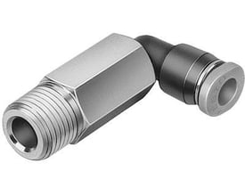 Festo vinkel-forskruning lang QSMLL-1/8-6 med udvendigt gevind og push-in L-fitting. Denne minifikskrusning er 360° justerbar og lavet af metal og sort plast.