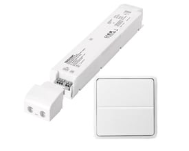 Lauritz Knudsen 100W/24V LED driver med trådløst tryk til Fuga, vist med tilhørende hvid, kvadratisk tryk-enhed.