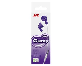 JVC HA-F14 Gumy in-ear headphones i violet med hvid ledning og 3,5mm jackstik, præsenteret i papemballage.