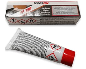 Loctite TEROSON UP 190 i en tube med rød hætte, præsenteret sammen med sin papkasse med advarselssymboler og produktinformation på flere sprog.
