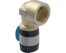 Geberit FlowFit 90° bøjning i rødgods med 1/2" indvendigt gevind og 20mm muffe, vist med blå klemme.
