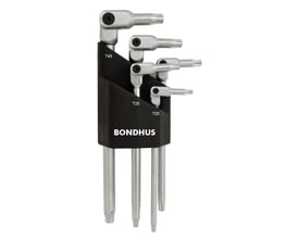 Bondhus HexPro stiftnøglesæt med Torx 20, 25, 30, 40 og 45 står i sort holder med de vinklede nøglehoveder synlige.