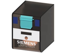 Siemens PT2 stikbensrelæ med 2 CO kontakter og 24V DC spolespænding, vist med mærket LZX:PT270024.