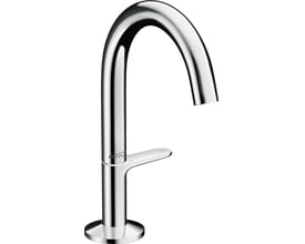 AXOR etgrebsbatteri i krom med 122 mm tud og push-open bundventil på hvid baggrund.