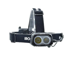 Ironside Twin Beam genopladelig pandelampe med to lysdioder, sort hovedrem og justerbar rem over hovedet.