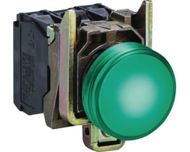 Schneider Electric Harmony XB4 grøn signallampe med LED, 120VAC, viser den runde grønne lyslinse og den robuste monteringsmekanisme.