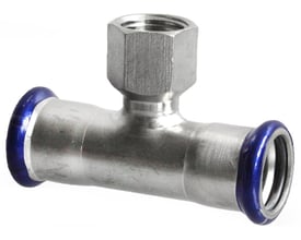 Unico T-stykke i rustfrit stål med 108mm pressmuffer og 3/4" indvendigt gevind, med blå kantmarkering.