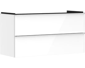 Hansgrohe Xelu Q vaskeskab i hvid højglans med to skuffer og integreret aluminiumsgreb, klar til montering.