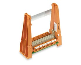 Weidmüller interfacemodul og kortholder til 19-tommers SPS-kort med orange sidestykker og tilslutningsrække.