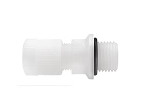 Serto PVDF union med cylindrisk udvendigt gevind, 12/10 mm x 1/2'', med sort O-ring for tæt forbindelse.