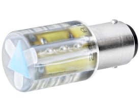 Siemens klar LED-lyskilde til signalsøjler med BA15d base, 24 V, der viser indre LED'er og en blå trekantet indikator.