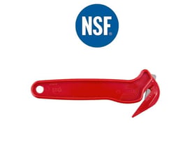 Rød NSF-godkendt skærer til film og bånd, med integreret klinge af rustfrit stål og hul til ophængning.