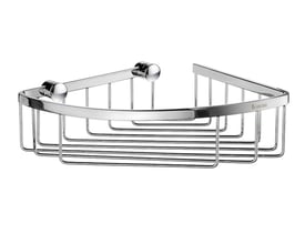 Smedbo Sideline hjørnesæbekurv i krom, 195x195mm, fremstillet af blankpoleret massiv messing med plads til sæbe og flasker.