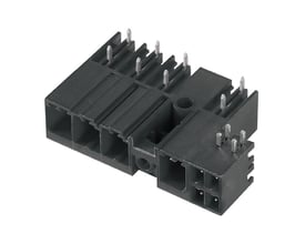 Weidmüller hybrid-printkortstik med sort hus og synlige metalben, 4 poler, 7,62 mm afstand og 270° udgangsvinkel.
