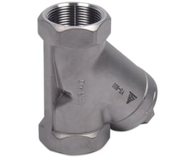 Indura syrefast snavssamler i rustfrit stål AISI 316L med 1 1/4" gevind, mærket PN40 og YS-800.