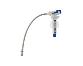 Geberit svømmerventil med slange og SERVO-funktion, fremstillet i hvid og blå plast, klar til installation i et Villeroy&Boch toilet.