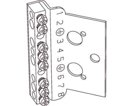 Eaton PE-terminal med 8 skruetilslutninger og jordingssymboler, vist i perspektiv med nummerering 1-8.