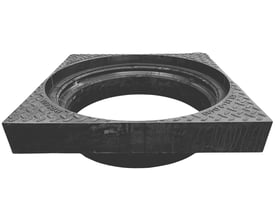 NID firkantet ventilationskarm i mørkegrå støbejern med tydelig teksturopdeling og dimensioner angivet.