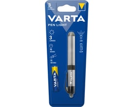 VARTA Pen Light lommelygte i sølvfarvet blisterpakning med illustrationer af lysstyrke, rækkevidde og batteri.