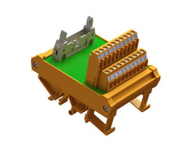 Weidmüller interface-modul med 20 positioner, orange terminalrækker og stikforbindelse på grøn bundplade, set skråt oppefra.