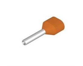 Et enkelt orange Weidmüller terminalrør med plastkrave, der viser den isolerede ende og metalrøret.
