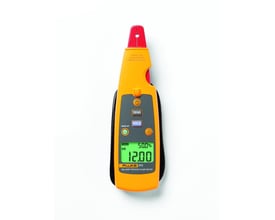 Fluke 771 procestangmeter fra en anden vinkel, viser betjeningsknapper og gul ledning på hvid baggrund.