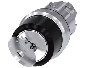 Siemens Ronis nøgleafbryder, 22mm, med ru metal og højglans finish, med nøgle i låseposition.