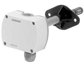 Siemens QFM3160 fugt- og temperaturføler i hvidt plast med et sort monteringsbeslag og en målesensor.