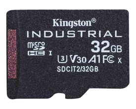 Sort Kingston Industrial microSDHC-hukommelseskort på 32 GB med synlige produktbetegnelser på kortet.