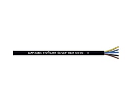 Lapp ÖLFLEX® HEAT 125 MC 5G4 kabel, sort med tydelig tekstprint og tydeligt adskilte farvede ledere i enden.