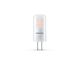 Philips CorePro LED-stiftspot med hvidt hus, fire synlige lysfelter og to stifter, 12 V og dæmpbar.