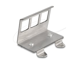Delock-keystone-holder til 35 mm DIN-skinne med tre åbninger til moduler, vist fritstående i skrå vinkel.