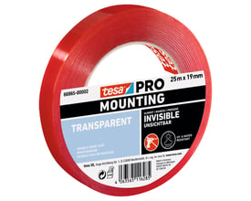 Tesa 66965 PRO monteringstape på en rulle, transparent og dobbeltklæbende, måler 19 mm x 1,5 m, klar til brug.