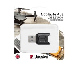 Kingston MobileLite Plus sort microSDHC/SDXC UHS-II-kortlæser vist på emballage med USB-A-stik og droneillustration.