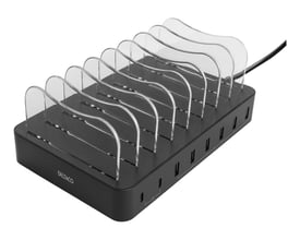Deltaco USB-ladestation med 6 USB-A og 2 USB-C porte, sort, viser opdelere til enheder og logo.